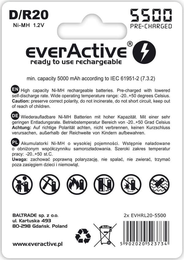 Genopladelige batterier everActive R20/D Ni-MH 5500 mAh klar til brug