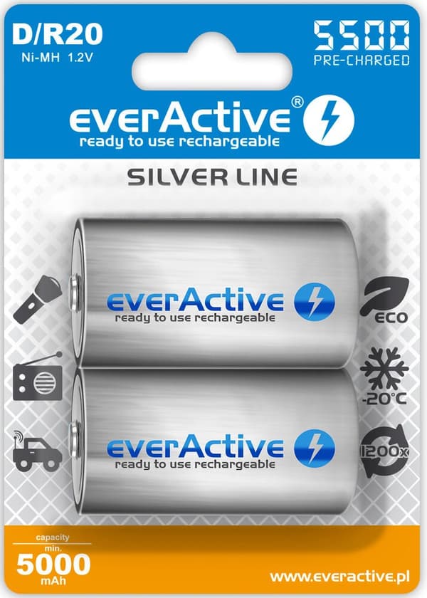 Ladattavat akut everActive R20/D Ni-MH 5500 mAh käyttövalmiina