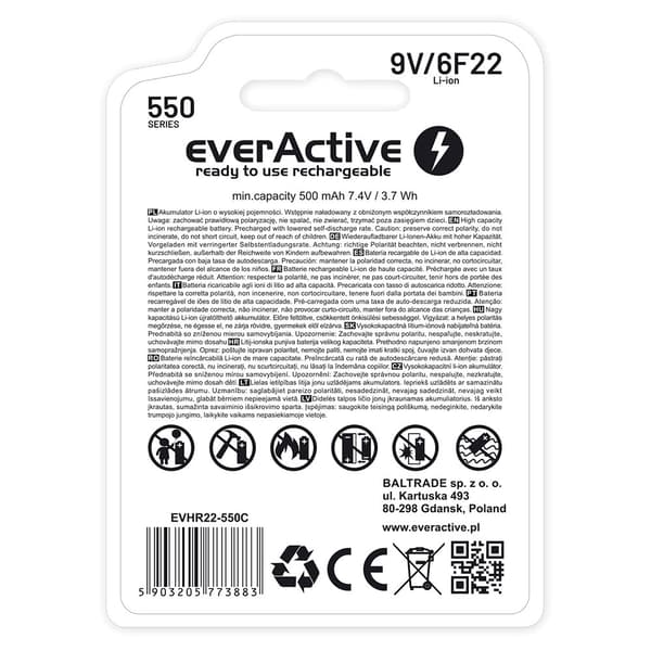 Genopladeligt batteri everActive 6F22/9V Li-ion 550 mAh med USB TYPE C