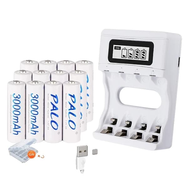 Genopladelige AA-batterier, 3000mAh kapacitet, Lav selvudladning, 12AA og oplader