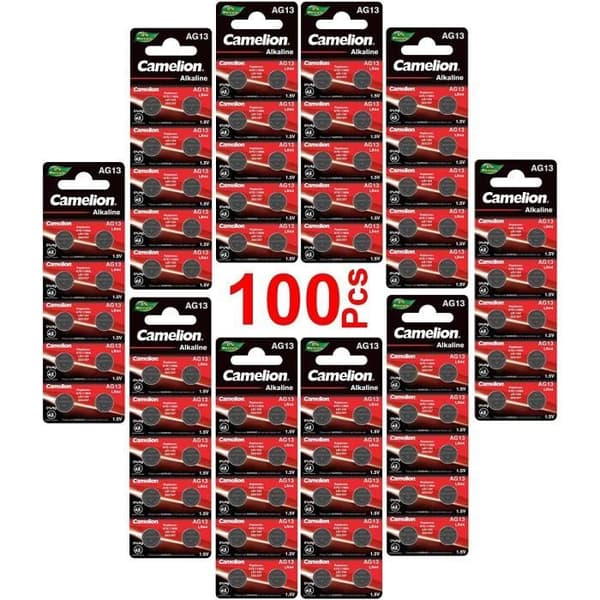 LOT i förpackning med 100 alkaliska knappbatterier AG13 LR44-LR1154-1166A-A76-357-303Klockor kalkylatorerkamerorpekare utan Mercury 555