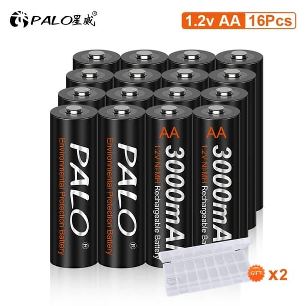 Genopladelige AA-batterier, 3000mAh kapacitet, Lav selvudladning, 12V, 16AA og oplader