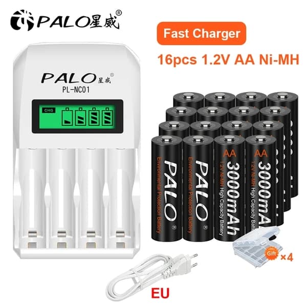 Uudelleenladattavat AA-paristot, 3000mAh kapasiteetti, alhainen itsepurkautuminen, 12V, 16AA ja laturi