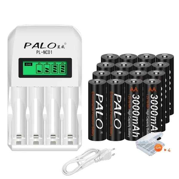 Uudelleenladattavat AA-paristot, 3000mAh kapasiteetti, alhainen itsepurkautuminen, 12V, 16AA ja laturi