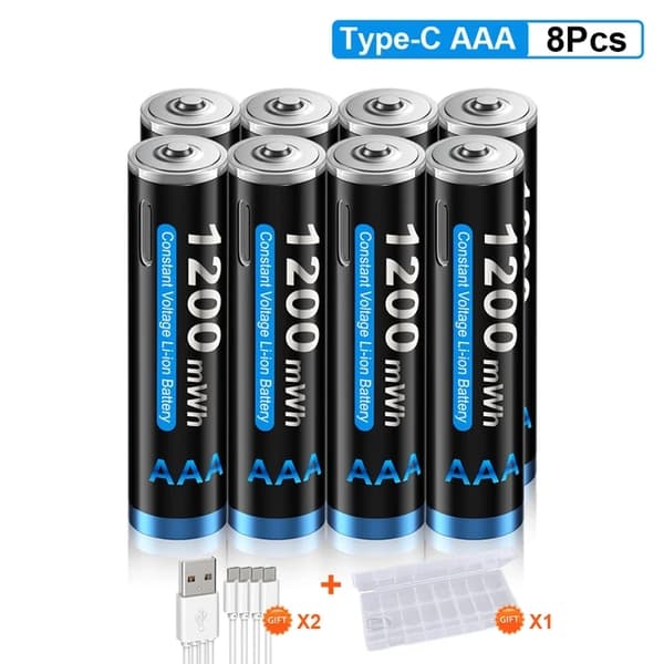 Genopladeligt AAA-batteri, 1200mWh kapacitet, USB-opladning, 12 stk