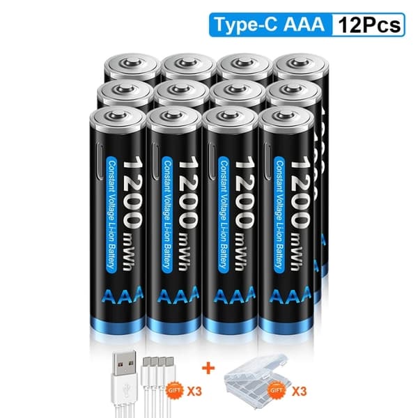 Genopladeligt AAA-batteri, 1200mWh kapacitet, USB-opladning, 12 stk
