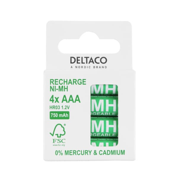 Deltaco oppladbare batterier AAA 750mAh 4-pakning