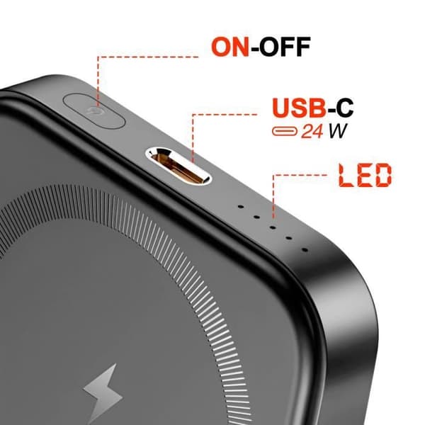 Externt Batteri - SWISSTEN - 5000mAh - USB-C 20W - MagSafe - Videostöd Svart