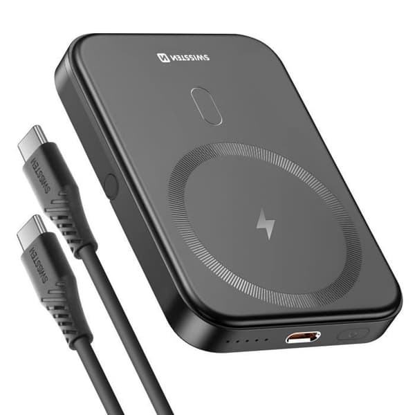 Externt Batteri - SWISSTEN - 5000mAh - USB-C 20W - MagSafe - Videostöd Svart