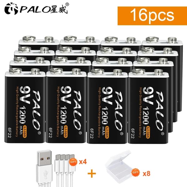 9V Genopladeligt Lithium Batteri, 1200mAh Kapacitet, USB Opladning,10 stk batteri