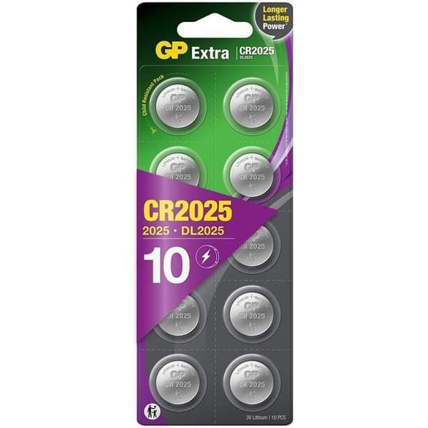 CR2025 Batterier - Paket med 10 batterier | GP Extra | CR 2025 litium 3v batterier - långvarig för bärbara enheter, nyckelringar