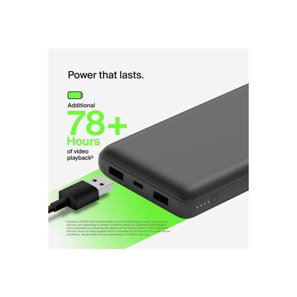 Bärbar laddare - BELKIN - 20000 mAh - 15 watt - 3 utgångsanslutningar (2 x USB, USB-C)