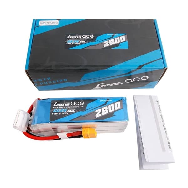 Lipo Gens ace 2800mAh 22,2V 60C 6S1P batteri med XT60 stik