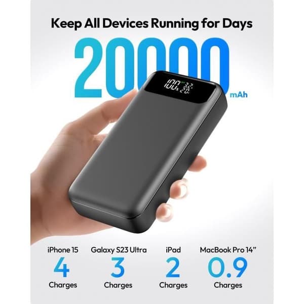 A ADDTOP Extern Batteri 65W 20000mAh Power Bank Snabbladdning 3 portar
