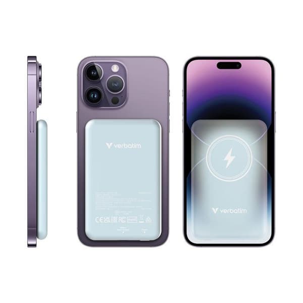 Powerbank - VERBATIM - Magnetisk Ws Powerbank 5000 - 5000 mAh - USB Type-C - Trådlös laddning Blå