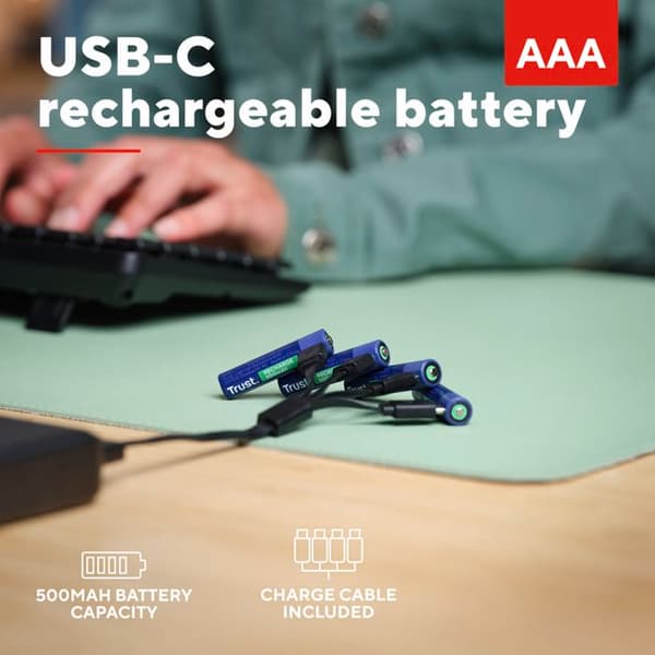 25671 Pack med 4 uppladdningsbara USB-C-batterier Trust typ AAA - 500 mAh - Laddningskabel inkluderad (LR03)