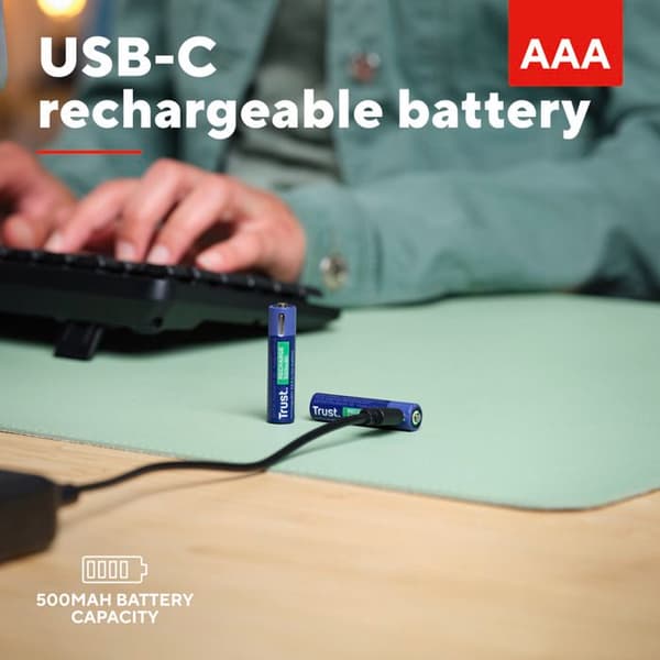 25585 Pack med 2 uppladdningsbara USB-C Trust AAA-batterier - 500mAh (LR03)