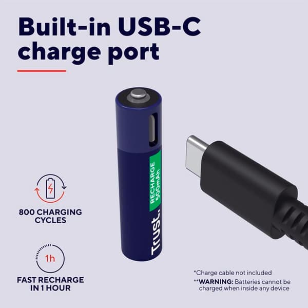25585 Pack med 2 uppladdningsbara USB-C Trust AAA-batterier - 500mAh (LR03)