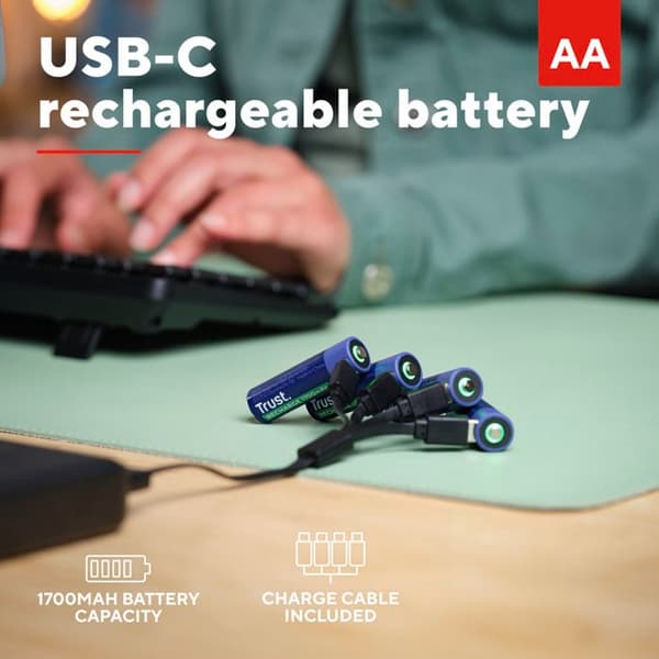 25631 Paket med 4 uppladdningsbara USB-C-batterier Trust typ AA - 1700 mAh - Laddningskabel ingår (R06)