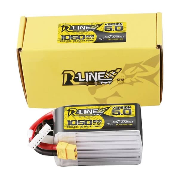 Lipo Tattu R-Line versjon 5.0 1050mAh 29.6V 8S 150C batteri med XT60-kontakt