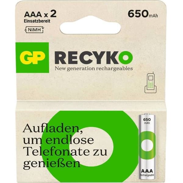 GP ReCyko Uppladdningsbart batteri LR3 (AAA) NiMH 650 mAh 1,2 V 2 st.