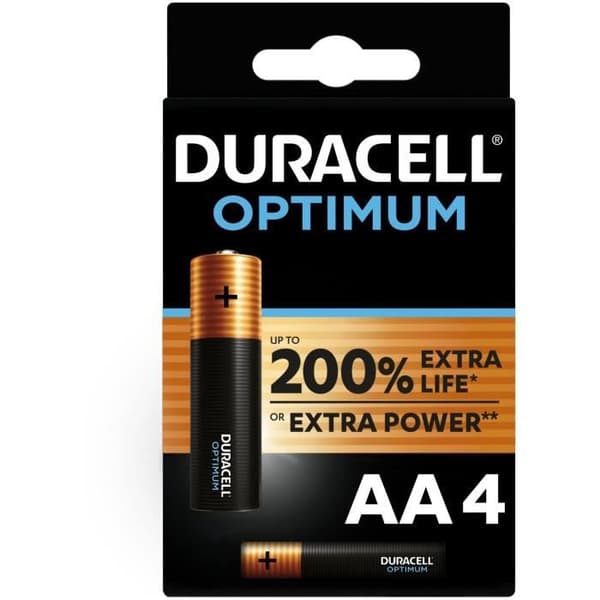 Duracell batterier Paket med 4 Duracell Optimum AA alkaliska batterier, 1,5 V LR06