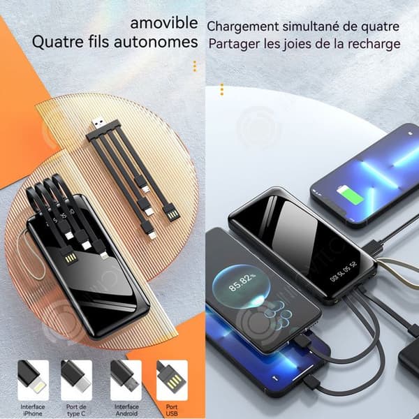INN Externbatteri 20000mah powerbank mobil delad ultratunn med integrerad kabel 4 integrerade kablar LED-display och lampa