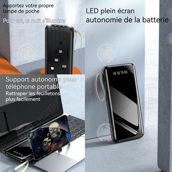 INN Externbatteri 20000mah powerbank mobil delad ultratunn med integrerad kabel 4 integrerade kablar LED-display och lampa