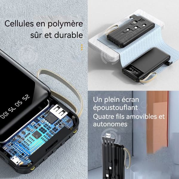 INN Externbatteri 20000mah powerbank mobil delad ultratunn med integrerad kabel 4 integrerade kablar LED-display och lampa