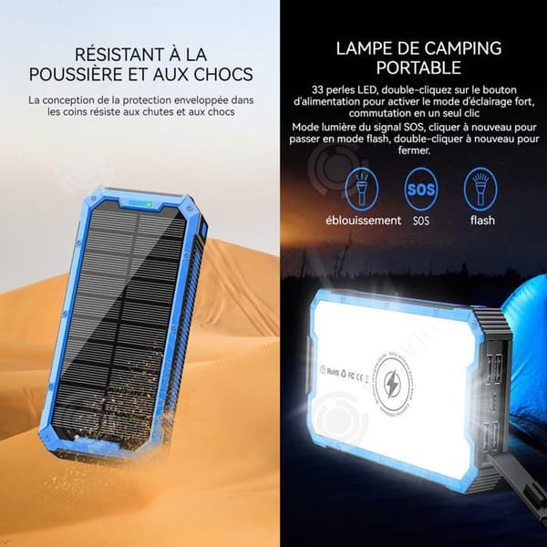 Powerbank 36800mah 5w bärbar solcellsladdare trådlös laddning med 4 usb-utgångar och 2 ingångar med campingljus