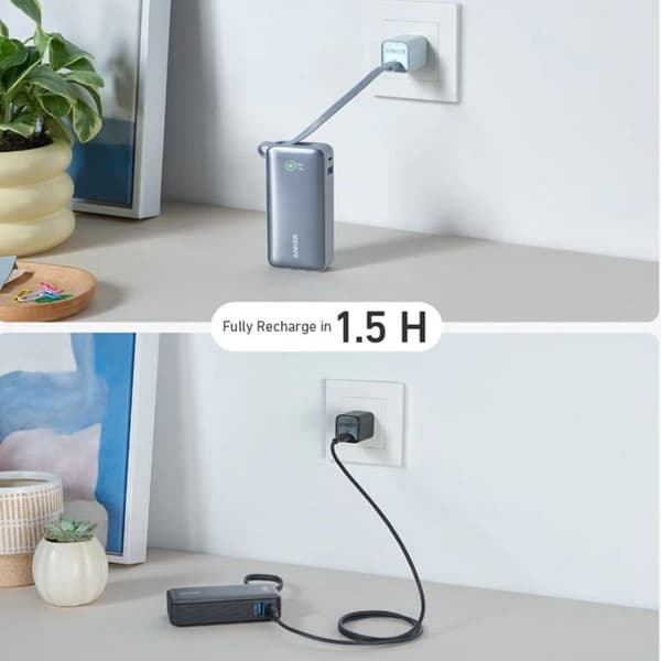 Anker Nano Powerbank - 10000 mAh med integrerad USB-C-kabel - Maximal effekt PD 30 W med 1 USB-C-port, 1 USB-A-port 134