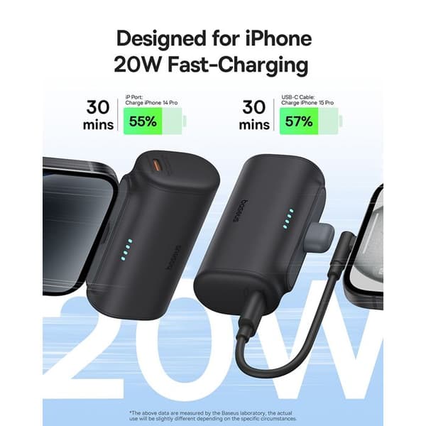 Batteribank för telefon, Lightning, 20 W, 5 000 mAh, USB-C-kabel - Baseus (P10068307413-00) - Svart