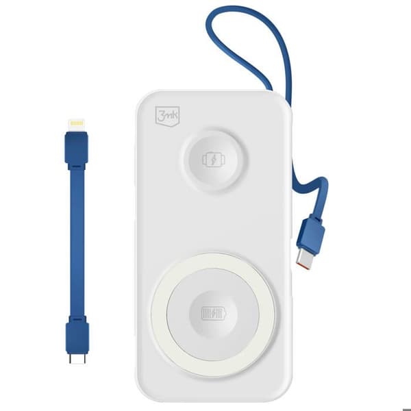 MagSafe 10000 mAh Nödladdare med Lightning- och USB C-kabel 3mk Vit