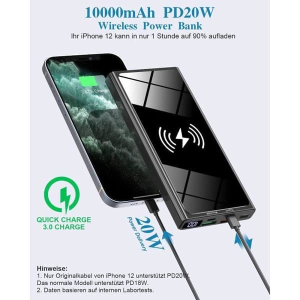 Trådlös extern batteri 22,5 W PD20W QC 3.0 med LED-skärm 10 000 mAh med bärbar snabbladdare, 2 ingångar och 4 Qi-utgångar