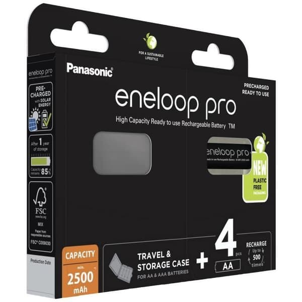 Uppladdningsbart batteri LR6 (AA) NiMH Panasonic eneloop pro HR06 + Box 2500 mAh 1,2 V 4 st.