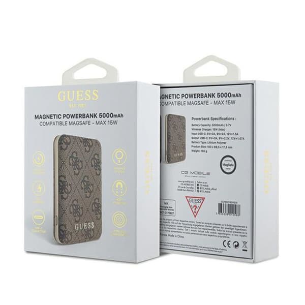 Power Bank induktiv 5000 mAh 15W MagSafe (brun) Guess 4G Läder Metall Logotyp MagSafe