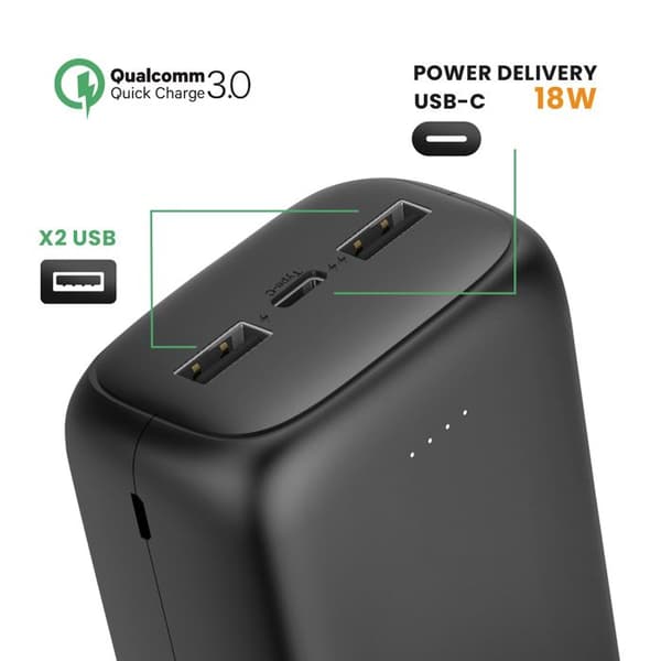 Bärbar Batteri 30000 mAh 2x USB-portar och 1x USB-C 18W Kompakt Akashi Svart