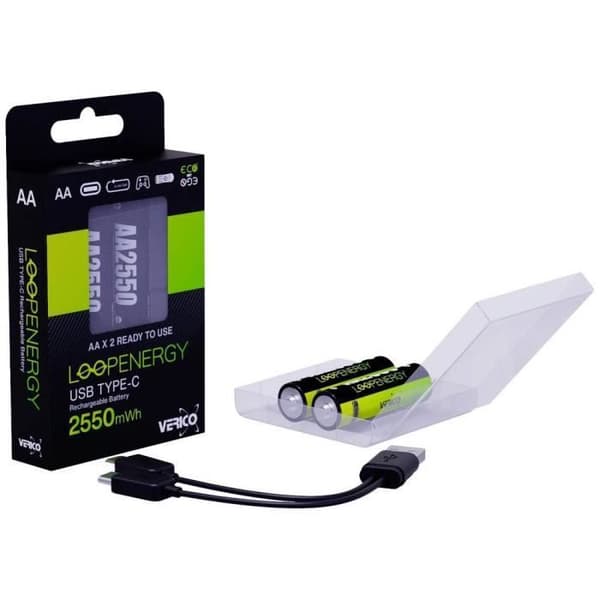 Verico LoopEnergy AA USB-C Mignon-Akku 2550mWh 1,5V 2 St. Uppladdningsbart batteri LR6 (AA) Li-Ion 1700 mAh 1,5 V 2 st.