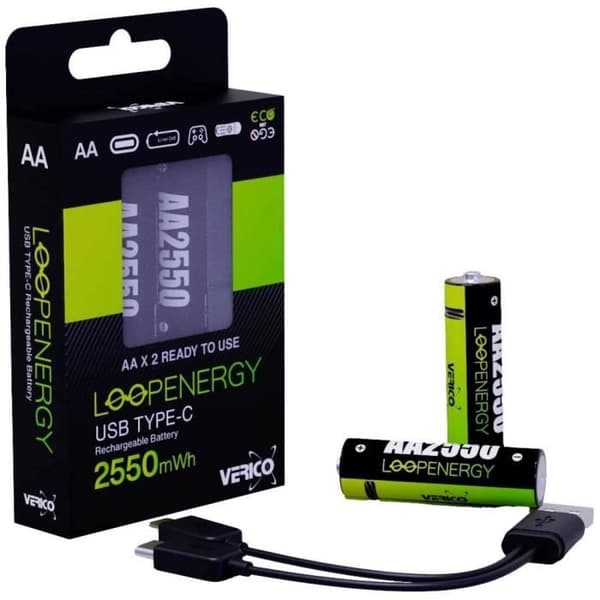 Verico LoopEnergy AA USB-C Mignon-Akku 2550mWh 1,5V 2 St. Uppladdningsbart batteri LR6 (AA) Li-Ion 1700 mAh 1,5 V 2 st.