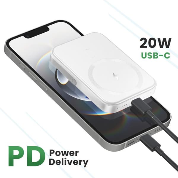 Batteri Externt MagSafe 5000 mAh Fällbart Stöd med USB C-port 20W Akashi Vit