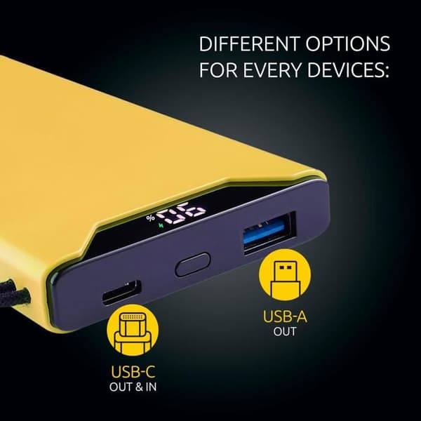 Intenso Powerbank F10000, Externbatteri med PD 20 W och QC 18 W, USB-C och USB-A-port, 10 000 mAh, Gul