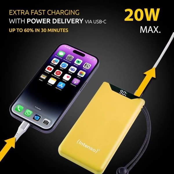 Intenso Powerbank F10000, Externbatteri med PD 20 W och QC 18 W, USB-C och USB-A-port, 10 000 mAh, Gul