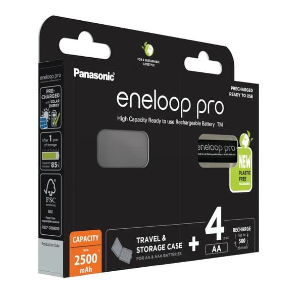 Genopladelige batterier PANASONIC ENELOOP PRO AA 2500 mAh 4 stk. + etui (BK-3HCDE/4CP+ETUIS)