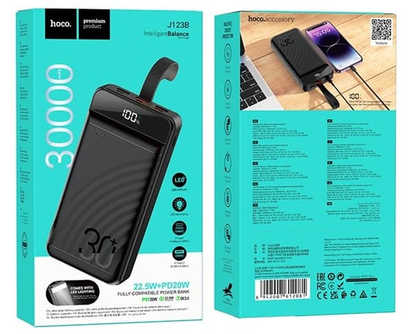 Hoco J123B Powerbank 30 000 mAh Sort
