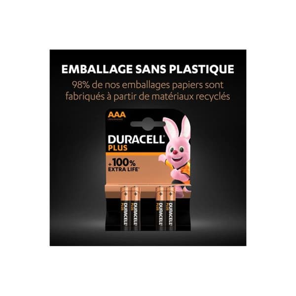 4 DURACELL 100% Plus LR03/AAA (1,5V) alkaliska batterier