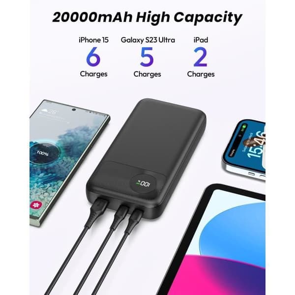 Extern Batteri - ADDTOP - 20000mAh - Snabbladdning 22,5W - 3 USB-portar - LED-skärm
