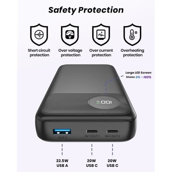 Extern Batteri - ADDTOP - 20000mAh - Snabbladdning 22,5W - 3 USB-portar - LED-skärm