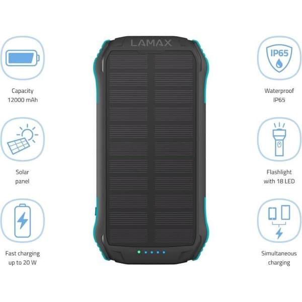 Lamax Journey Bärbar solcells-laddare för utomhusbruk 12 000 mAh med 2 USB-A-portar och 1 USB-C-port, 18 LED, solpanel, vattentät