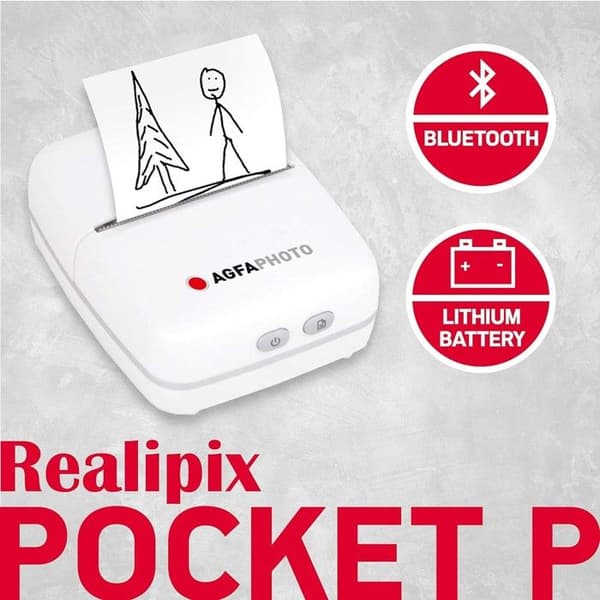 AGFA PHOTO Realipix Pocket P - Bärbar termisk fotoskrivare (svartvit utskrift utan bläck, Bluetooth, batteri