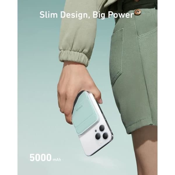 Anker 622 MagGo Extern Batteri Magnetisk Trådlös 5000 mAh Fällbar med USB-C för iPhone 14/13/12, Jadegrön